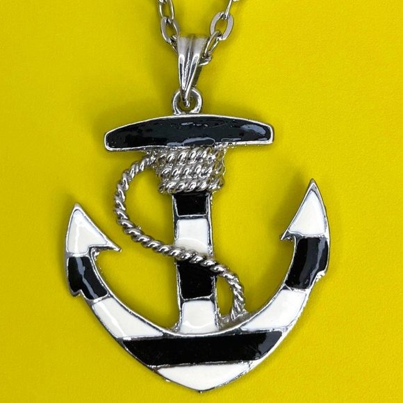 Silver tone 2 x 1-5/8 inch Anchor Necklace with 19 in chain, Black and White - Picture 1 of 4